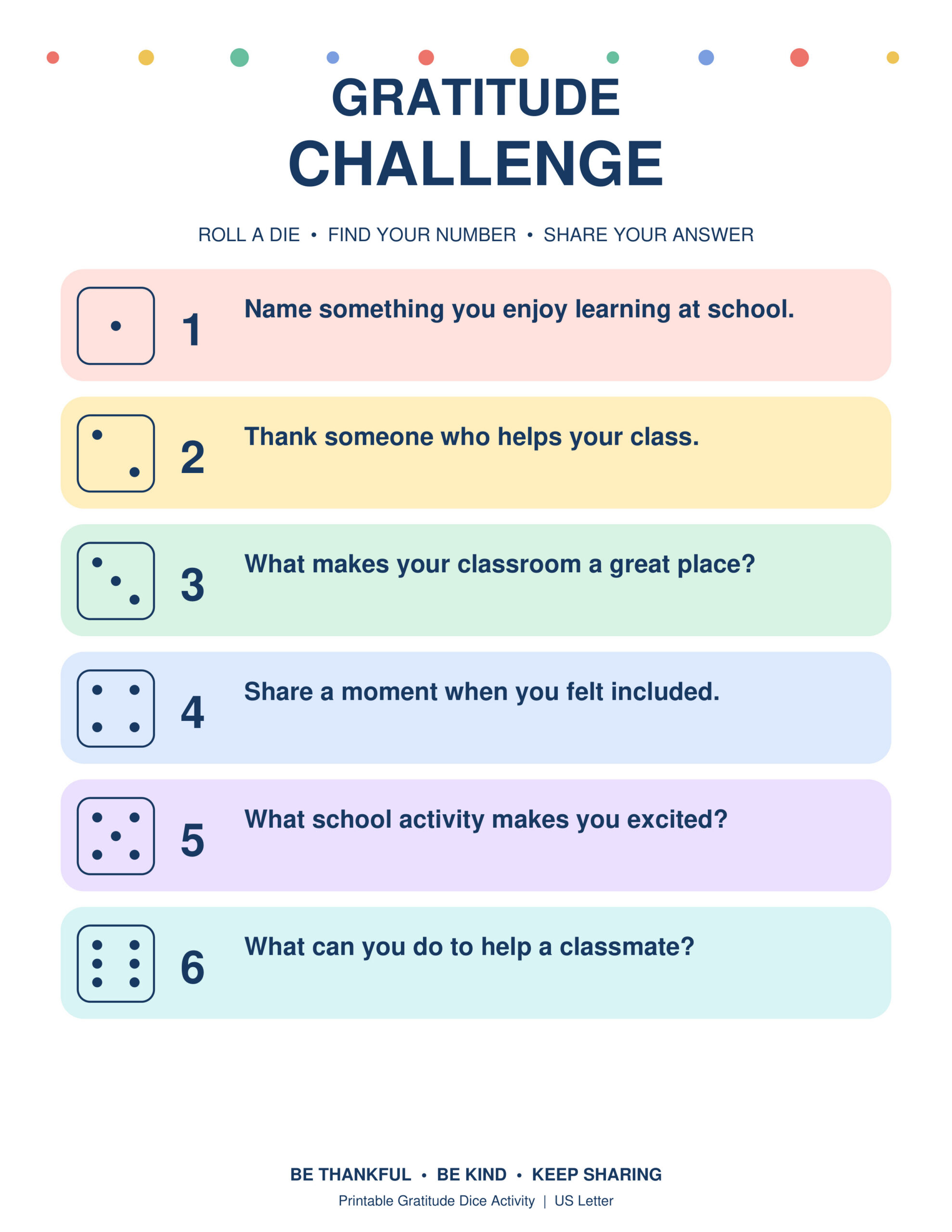 Free Printable Gratitude Dice Game Classroom Gratitude