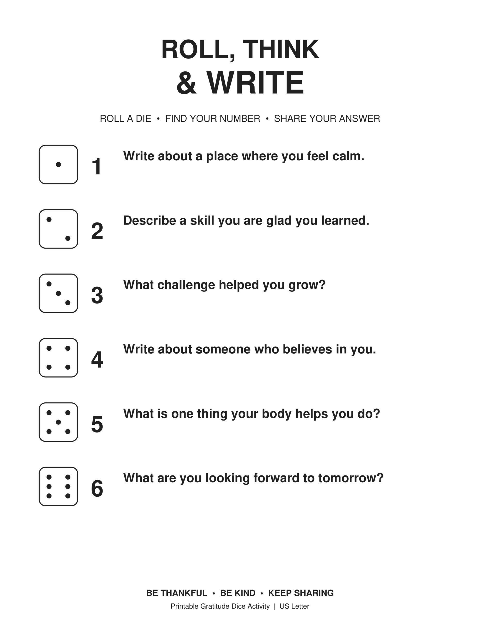 Free Printable Gratitude Dice Game Gratitude Journal