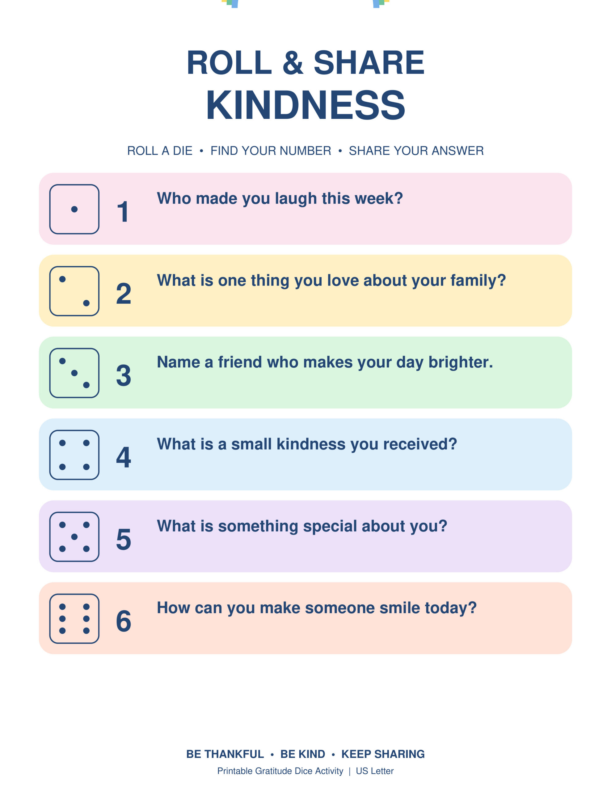 Free Printable Gratitude Dice Game Rainbow Kindness
