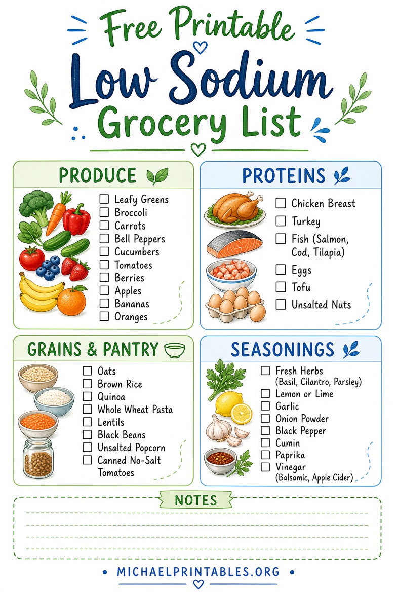 Free Printable Low Sodium Grocery List for Heart Health