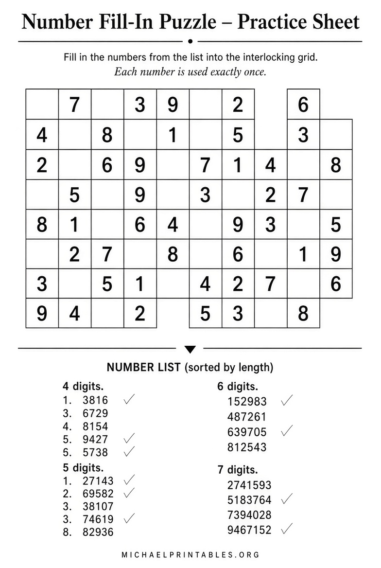 Free Printable Number Fill-In Puzzles for Adults