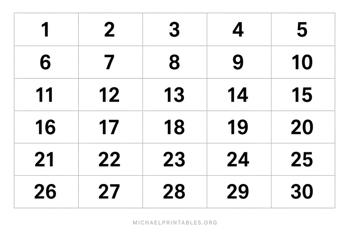 Free Printable Numbers 1-30 for Kids