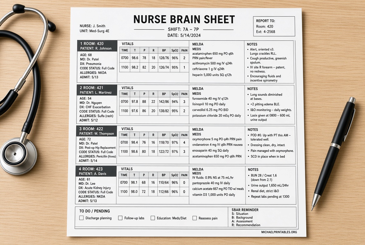 Free Printable Nurse Brain Sheets Guide