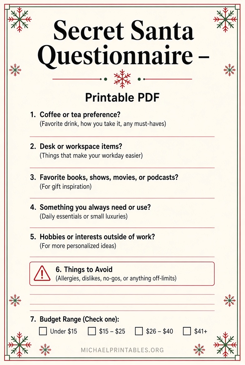 Free Printable Secret Santa Questionnaire PDF