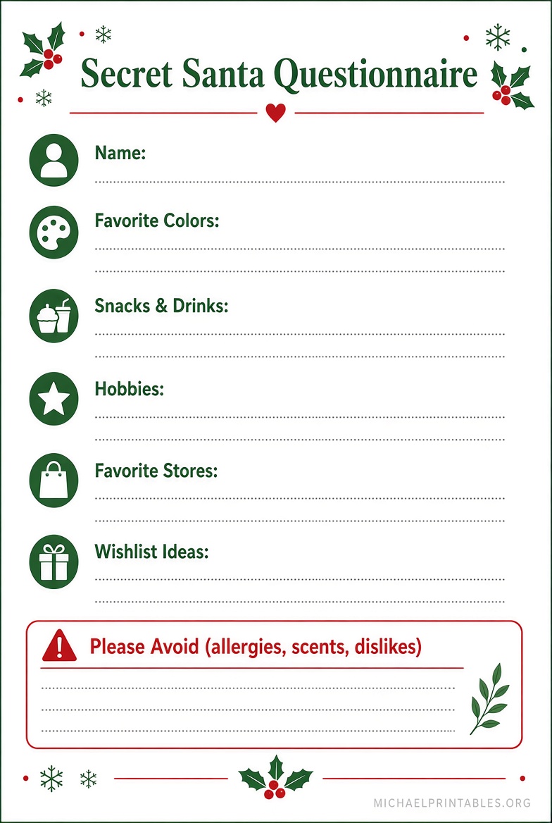 Free Printable Secret Santa Questionnaire PDF