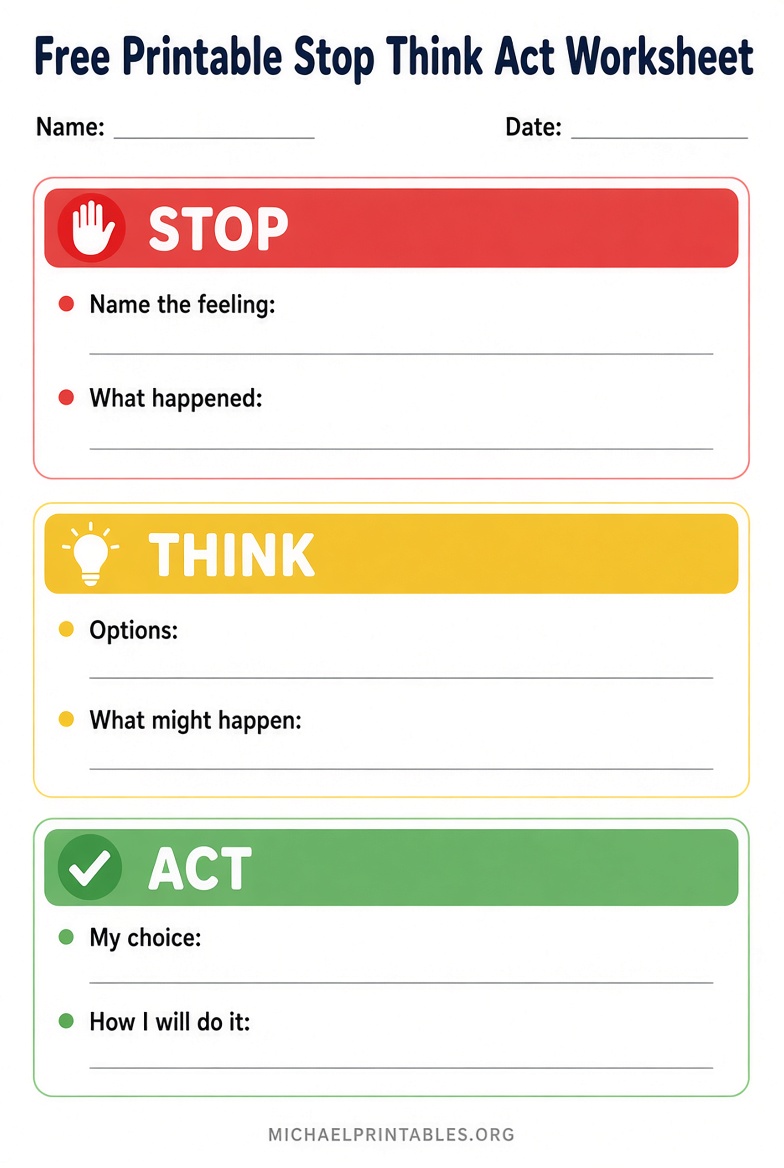 Free Printable Stop Think Act Worksheet