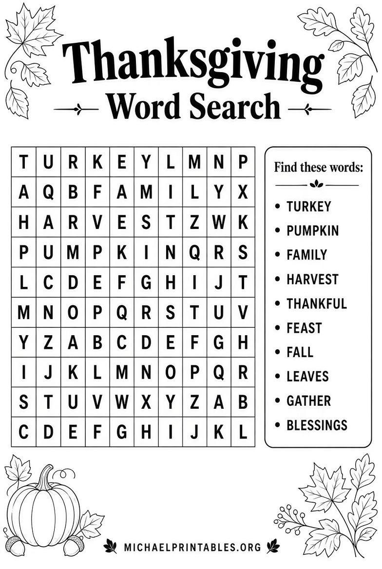 Free Printable Thanksgiving Word Search PDFs