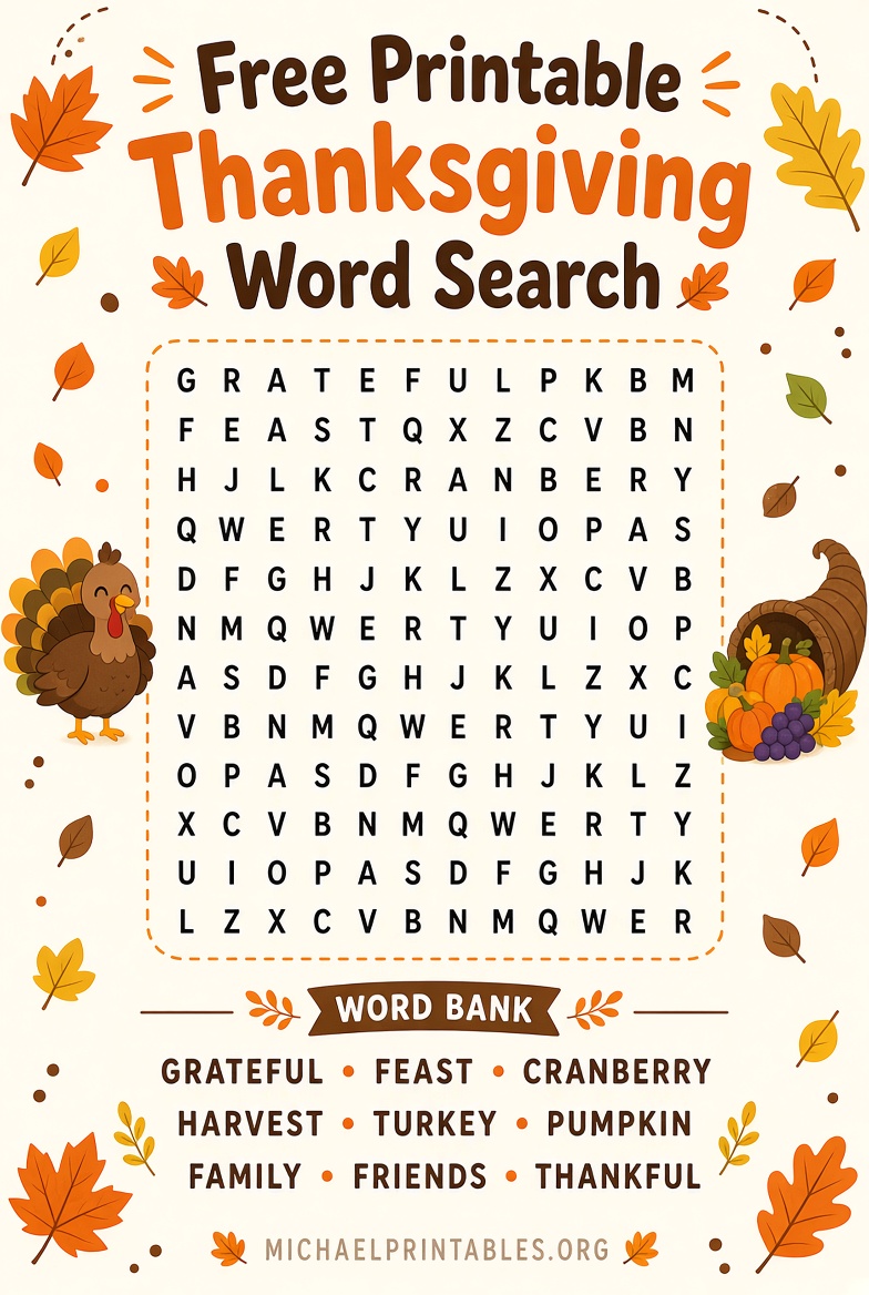 Free Printable Thanksgiving Word Search PDFs