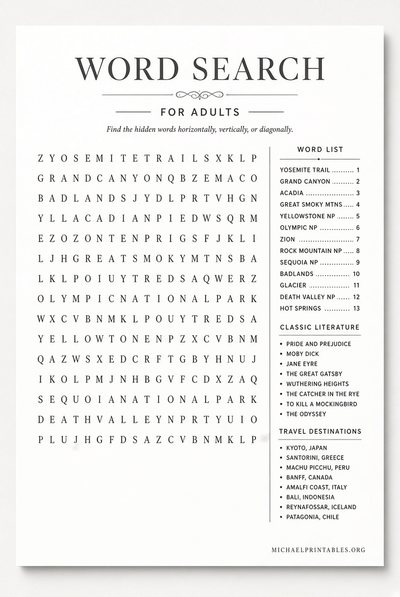 Free Printable Word Search Puzzles for Adults
